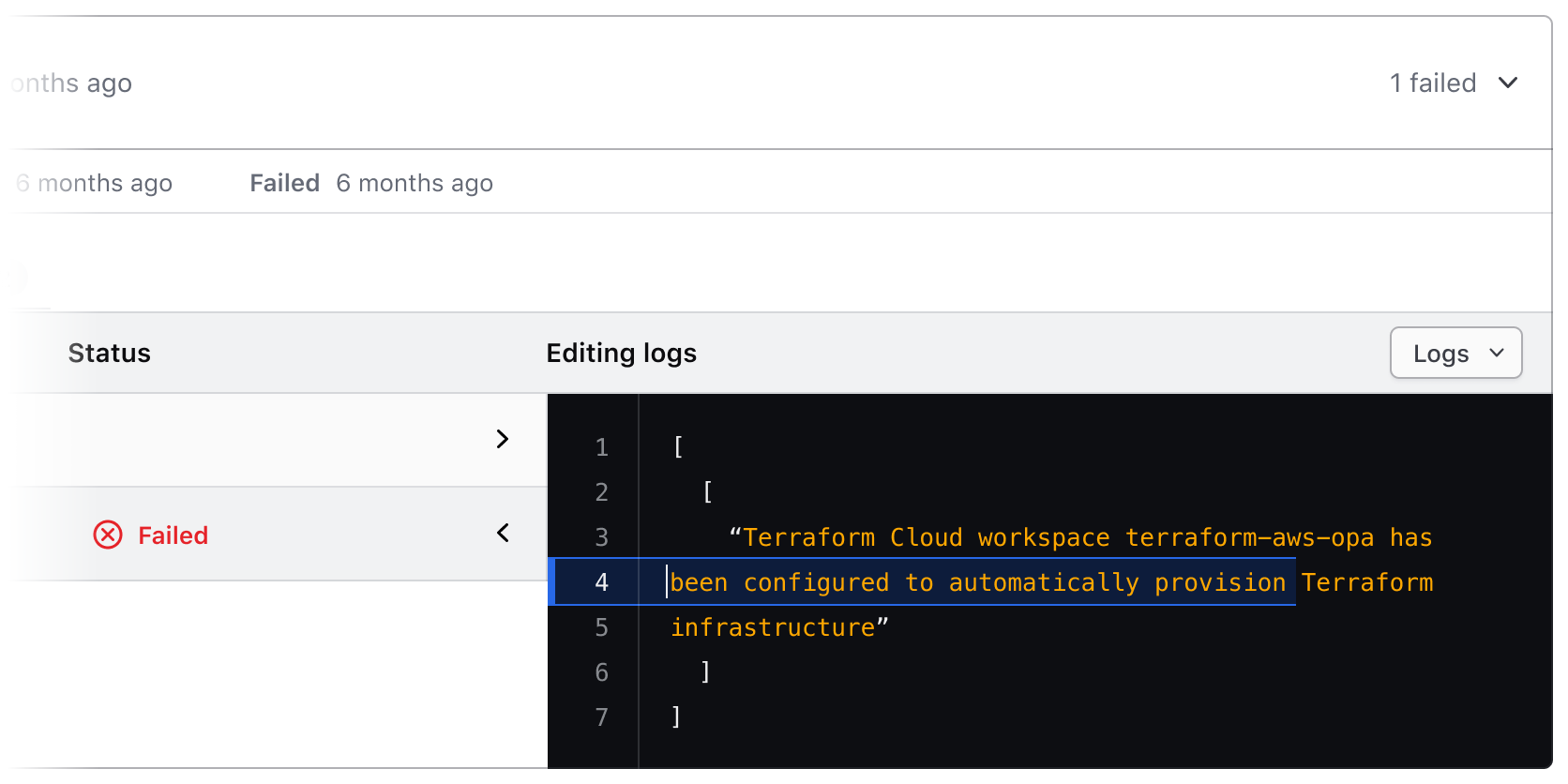 Code Editor embedded inside of a logs UI, where the corners are squared to fit within container.
